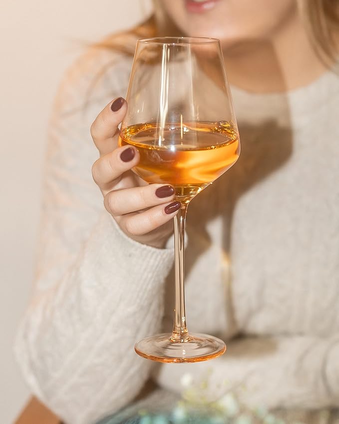 Saludi Original Light Peach Wine Glasses, 16.5oz (Set of 6) Color of the Year Glass - Great for All Wine Types and Occasions or Gifts - Luxury, Durable, Hand-Blown