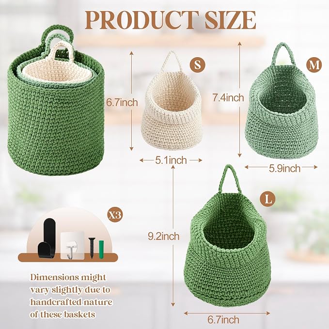 Honeydak Boho Decor Hanging Wall Baskets for Kitchen 3 Pack Teardrop Baskets with Hooks Storage Fruit Onion Vegetable Potato for Home 3 Sizes(Sage Color Palette,Barrel,Cotton Rope)