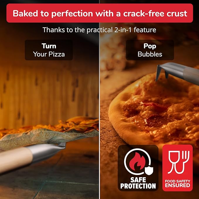 Senwosa Pizza Turner Fork & Bubble Popper - Easy Pizza Rotation for Evenly Baked Crust - Adjustable Handle [26"-32”]