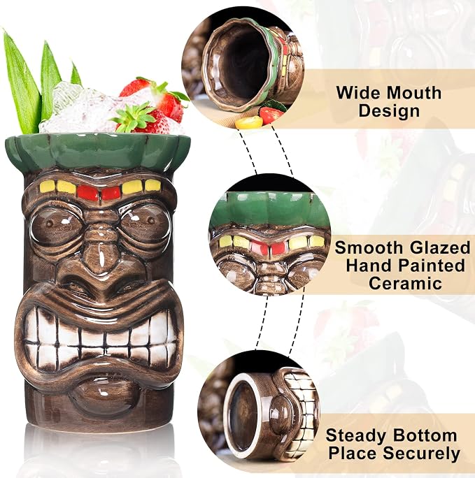 SuproBarware Tiki Mugs Set of 8 – Ceramic Hawaiian Party Drinkware, Tiki Bar Mugs for Cocktails, Premium Tropical Cups Drinks for Exotic Party