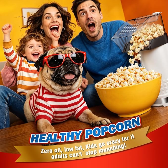4.5Qt Hot Air Popcorn Popper - Oil-Free Healthy Popcorn Machine with Butter Melting Tray, Measuring Cup & One-Touch Switch, ETL Certified Popcorn Maker for Home, Movie Night, Party (White)