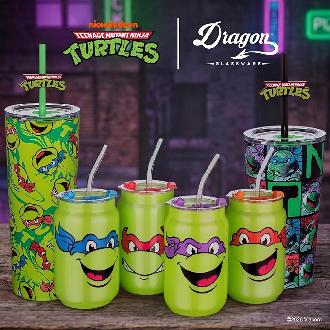 Dragon Glassware x Teenage Mutant Ninja Turtles Insulated Tumbler, 24 oz | Vacuum Insulated Stainless Steel Tumbler with Straw & Lid; Double Walled TMNT Tumbler with Straw Topper; Ninja Turtle Cup