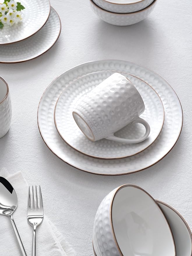 Famiware Eden Embossed Plates and Bowls Sets, Stoneware Dinnerware with Gold Trim, 12-Piece Luxury Dishes for 4, Everyday & Formal Use, Chip/Scratch Resistant, Microwave/Dishwasher Safe, White Circle