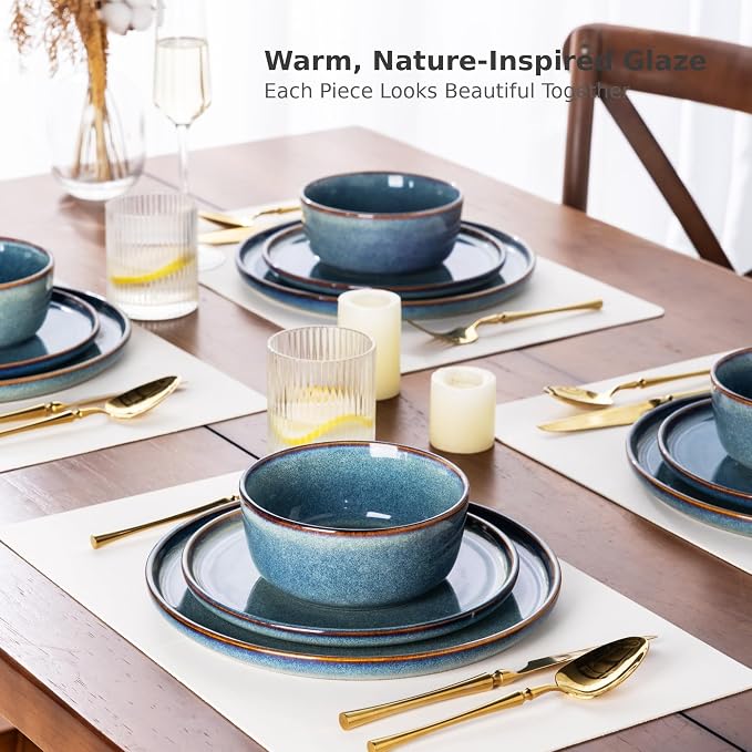 AmorArc Stoneware Dinnerware Sets for 4,Round Reactive Glaze Ceramic Plates and Bowls Set,Highly Scrath Resistant Dishware | Dishwasher & Microwave Safe Dishes Set,Service for 4 (12pc)