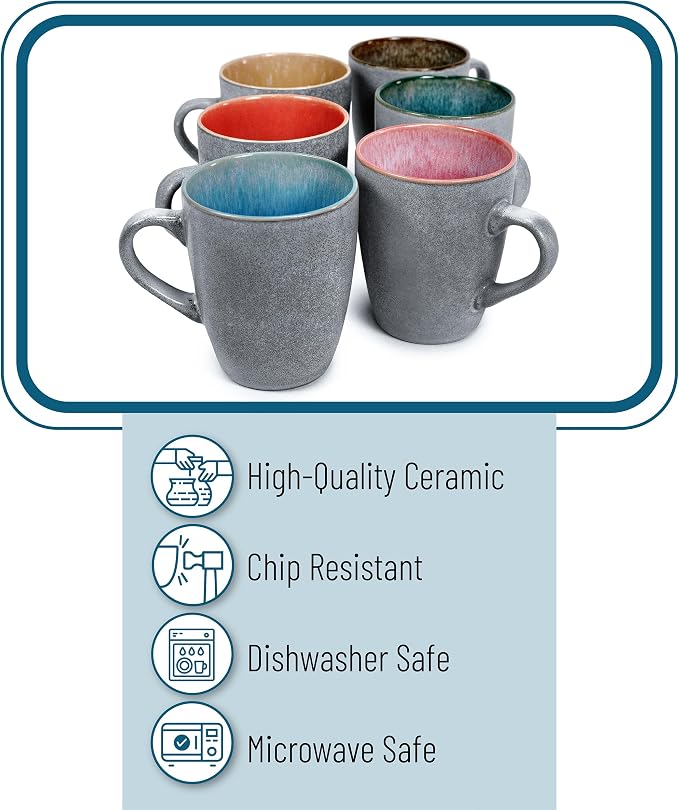 BTaT- Porcelain Coffee Mugs Set, 12 oz (350ml), 6 Pack, Ceramic Coffee Mugs, Matte Black Outside and Colorful Inside, Restaurant Cups for Tea, Cappuccino, Cocoa, Cereal, Mug Gift Set, Dishwasher Safe