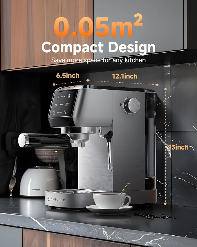 AMZCHEF Compact Espresso Machine, 20Bar Home Barista Coffee Maker with 1350W Fast Heating, 3-Level Temperature Control, 360° Adjustable Steam Wand, HD Touch Screen, Small Footprint for Kitchen