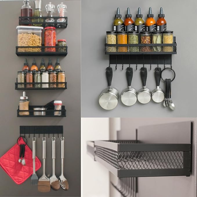 Houseify SPICE FLOAT Magnetic Spice Organizer Racks - 4 Premium Metal Racks + 1 Hanging Hook Bar Kitchen Shelf - Seasoning Organizer For Kitchen Appliances (3.94" x 12.2" x 3.15")