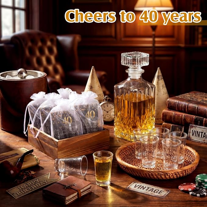 LemonRoad 100 Set 40th Birthday Party Favor for Guest Bulk, 1.4oz Plastic Shot Glasses Cup, Cheers to 40/50/60/70/80 Years Beer Bottle Opener Keychain Thank You Card Gift Bag for Souvenir Party Gift
