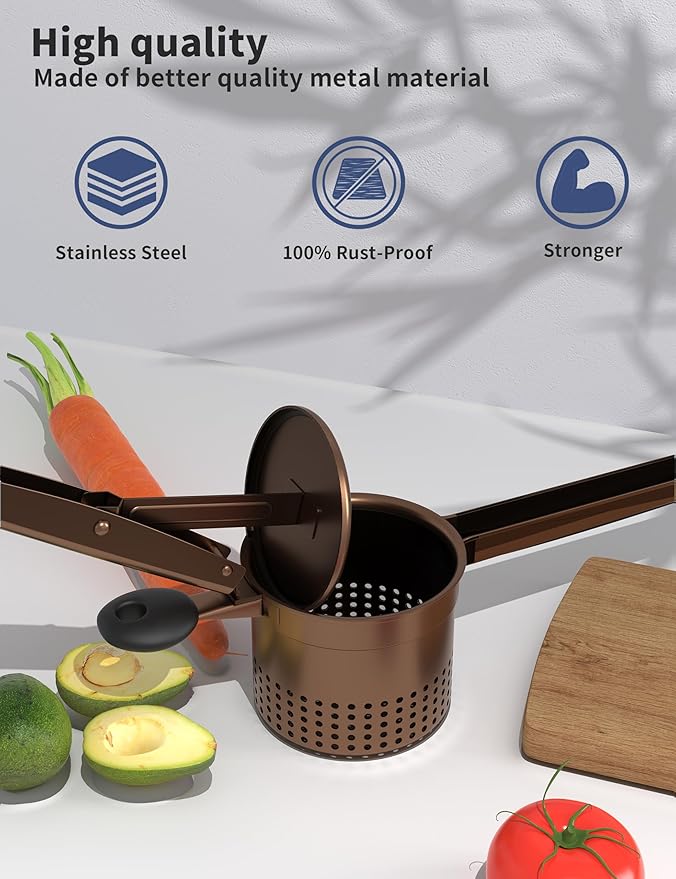 GloTika Large 15oz Potato Ricer, Heavy Duty Stainless Steel Ricer for Mashed Potatoes, Sweet Potato Masher Kitchen Tool with Ergonomic Handle, Press and Mash Kitchen Gadget, Bronze Color
