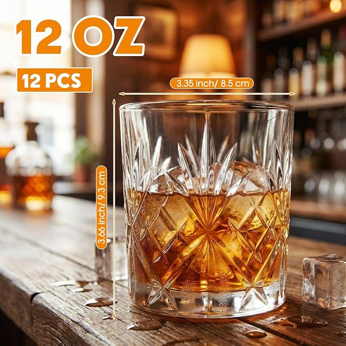 12 Pcs Old Fashioned Whiskey Glasses 12 oz Elegant Crystal Whiskey Glasses Bourbon Cocktail Rocks Glass for Bourbon Scotch Liquor Cocktails Barware Men Gifts