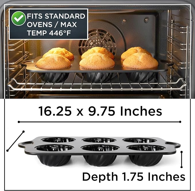 Wrenbury Swirl Buntz Pan for Baking Mini Non-Stick - 6 Cup Fluted Cake Tin | for Small Cakes - PFOA Free and Dishwasher Safe - 3.75” Cup Width