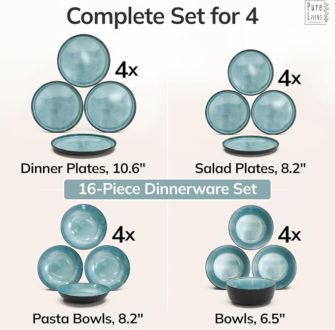 Stoneware Dinnerware Set for 4, 16 Piece Plates and Bowls Set - Handmade Reactive Glaze, Chip & Scratch Resistant Sets - Dishwasher Microwave Safe, Modern Kitchen Dinner Service in Dark Petrol Blue