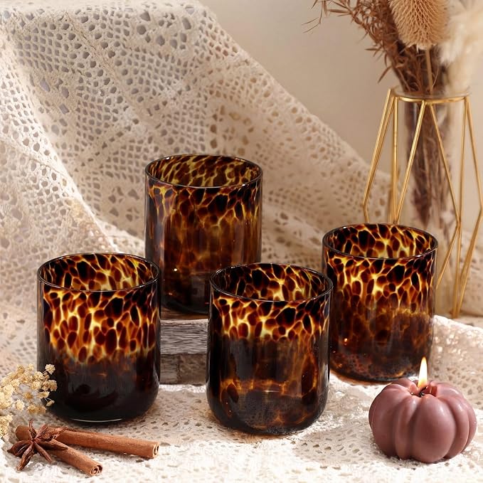 Honeydak Set of 4 Tortoise Leopard Print Glasses Brown Rocks Glasses Stylish Stemless Cocktail Cups Glass Glassware Tumbler Ideal for Gin, Tequila, Vodka, Soft Drinks