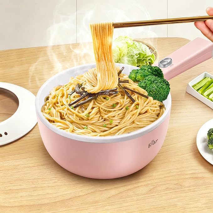 Bear 2L Non-Stick Hot Pot，1000W | Multifunctional Portable Cooking Pot, Rapid Noodles Electric, Non-Stick Frying Pans for Steak, Egg, Ramen, Oatmeal