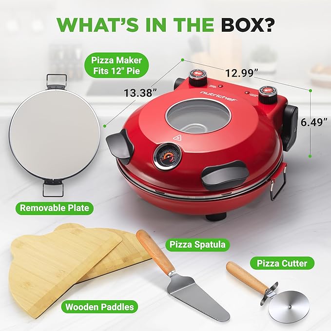 NutriChef Electric Pizza Oven | 1200W Countertop Pizza Maker with Temperature Control & Thermometer | Viewing Window for Precise Cooking | Heats up to 800˚F | Easy to Clean Non-Stick Coating | Red