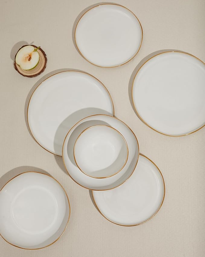 Pokini Plates and Bowls Sets, 16 Pieces Dinnerware Set for 4 with Pasta Bowls, Handmade Dishes Set, Chip Resistant Dishware Sets, Microwave Safe Dinner Set, Designed for Interactive Meals, White