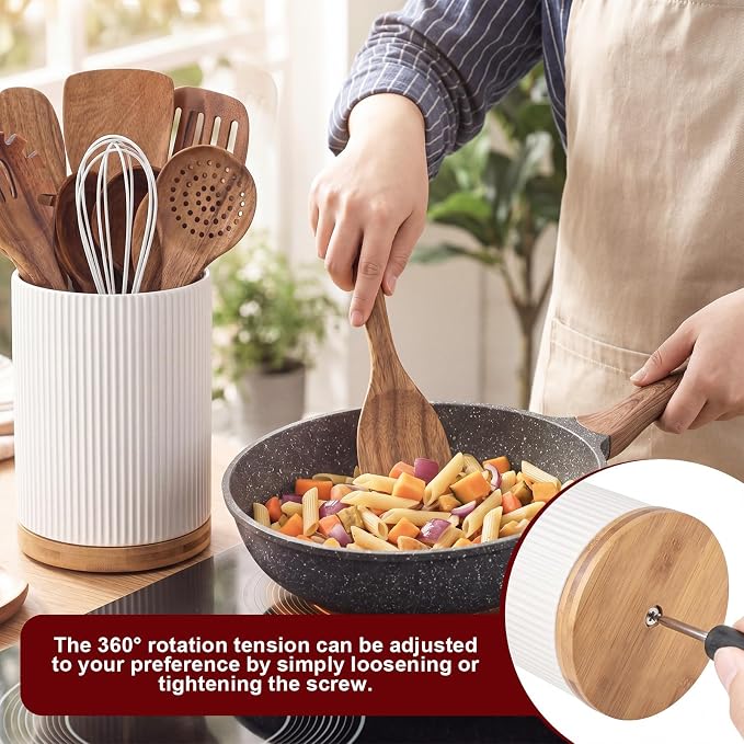 SiliFine 11 Pcs White Wooden Kitchen Utensils Set with 360° Ceramics Rotating Holder Acacia Wood Cooking Utensils with Cooking Spoons Spatulas Nonstick Cookware Countertop(White)