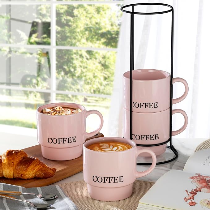 Signature Housewares Stackable Coffee Mug Tower Set with Metal Wire Rack - 15 Ounce Coffee Mugs for Coffee, Tea, Cocoa, Milk, Cappuccino, Hot Chocolate Set of 4 - Pink Coffee