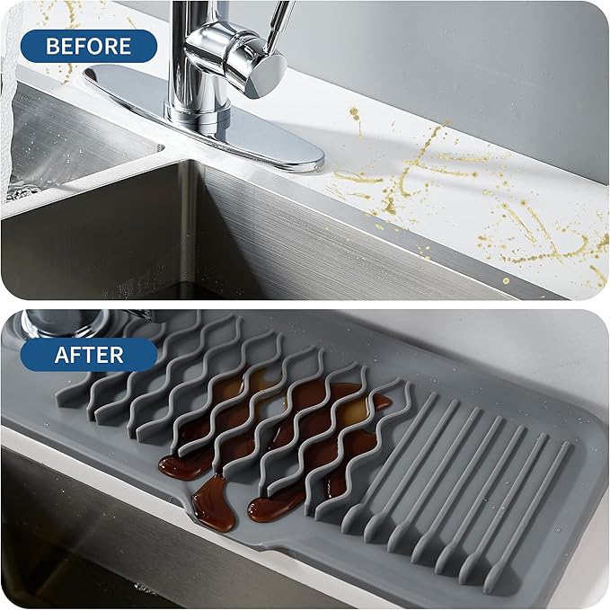 Kitchen Sink Splash Guard 24inch Grey Silicone Faucet Mat Draining Mat Longer Silicone Faucet Handle Drip Catcher Tray Bathroom Countertop Protect Mat for Kitchen Bathroom, Drip Protector Splash