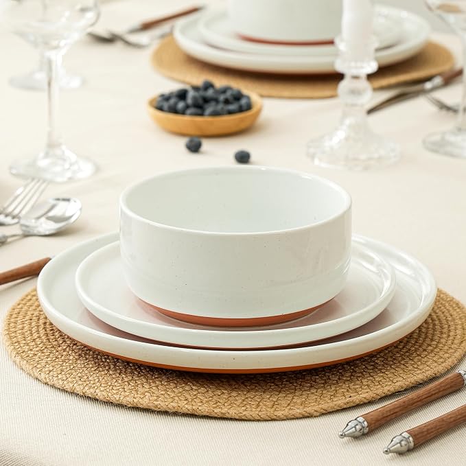 6 Piece Dinnerware Set, Dual Glaze Stoneware Plates and Bowls Sets, Modern Dinner Plate, Salad Plate, Cereal Bowl, Dish Set for 2, Microwave and Dishwasher Safe, Stardust Glaze White