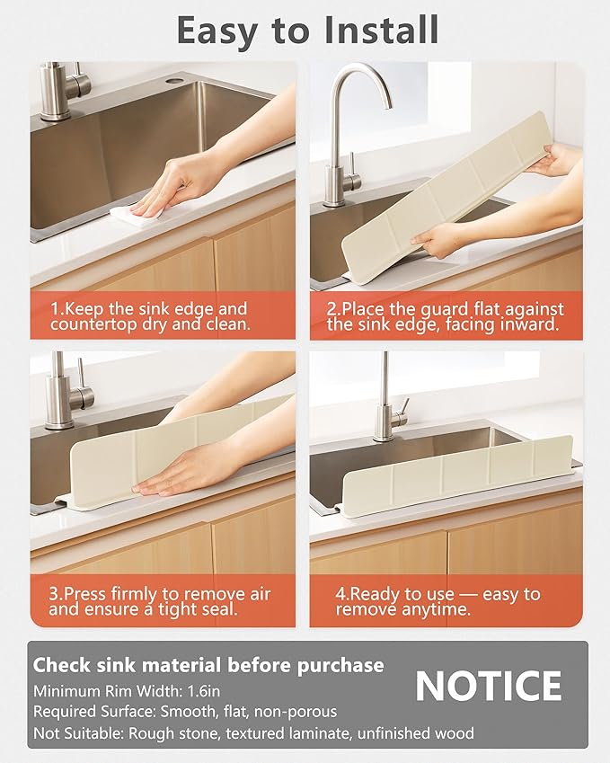 Kitchen Sink Splash Guard 23"18" Self-Draining Silicone Water Guard with High Splash Wall & Strong Suction Cups for Faucet, Countertop & Sink Edge, Keeps Sinks Dry, Dishwasher Safe,Cream