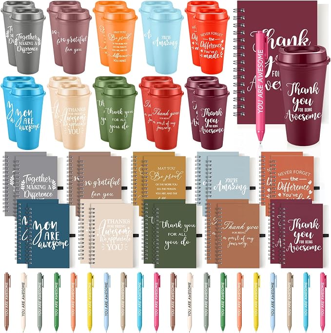 Teenyyou 60 Pcs Employee Appreciation Gift Set, 16oz Tumbler with Lid Notebook Pen Bulk Thank You Gift Holiday Party Favor for Teachers Office Coworker Teacher Staff Team (Fresh Color,Delicate Style)