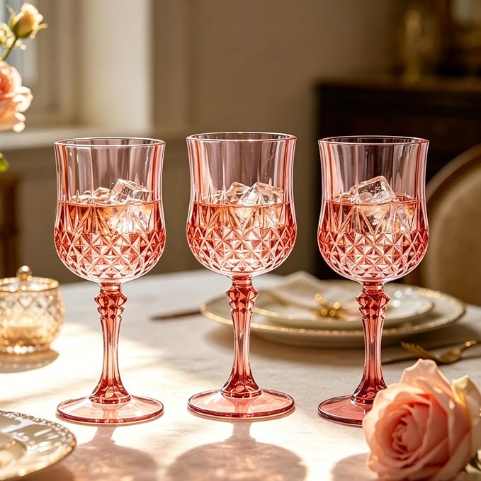 Plastic Wine Glasses, Plastic Goblets Vintage Style Cordial Unbreakable Drinking Glasses, Reusable Drinkware for Wedding Reception, Grand Event Party Supplies (48, Rose Gold)