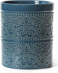 FUN ELEMENTS Kitchen Utensil Holder, 7.2" Super Large Utensil Crock Heavy and Stable Lace Emboss Ceramic Utensil Holder for Kitchen Counter (Grayish Blue)