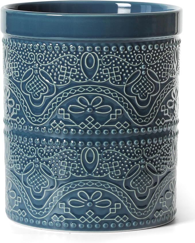 FUN ELEMENTS Kitchen Utensil Holder, 7.2" Super Large Utensil Crock Heavy and Stable Lace Emboss Ceramic Utensil Holder for Kitchen Counter (Grayish Blue)