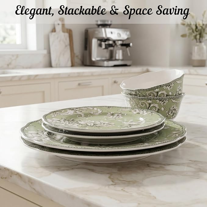 222 Fifth Adelaide Sage 12-Piece Green Porcelain Dinnerware Set – Service for 4, Big Dinner Plates and Bowls Sets, Green with White Floral Pattern, for Daily Entertainment, Microwave & Dishwasher Safe