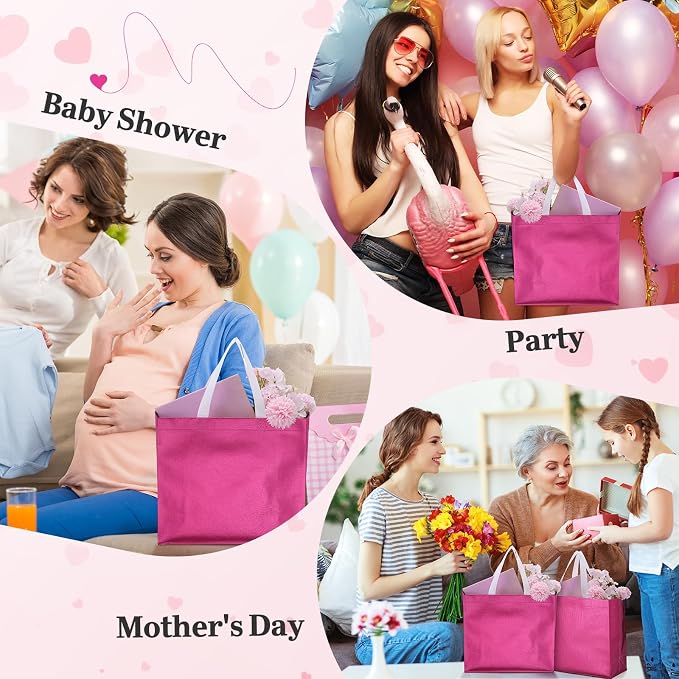Eccliy Reusable Gift Bags Set Glossy Grocery Gift Tote Bag with Handle for Wedding, Bridal Shower, 4th of July, Summer Event(12 x 11 x 4.7 I Inch,Hot Pink,80 Pcs)