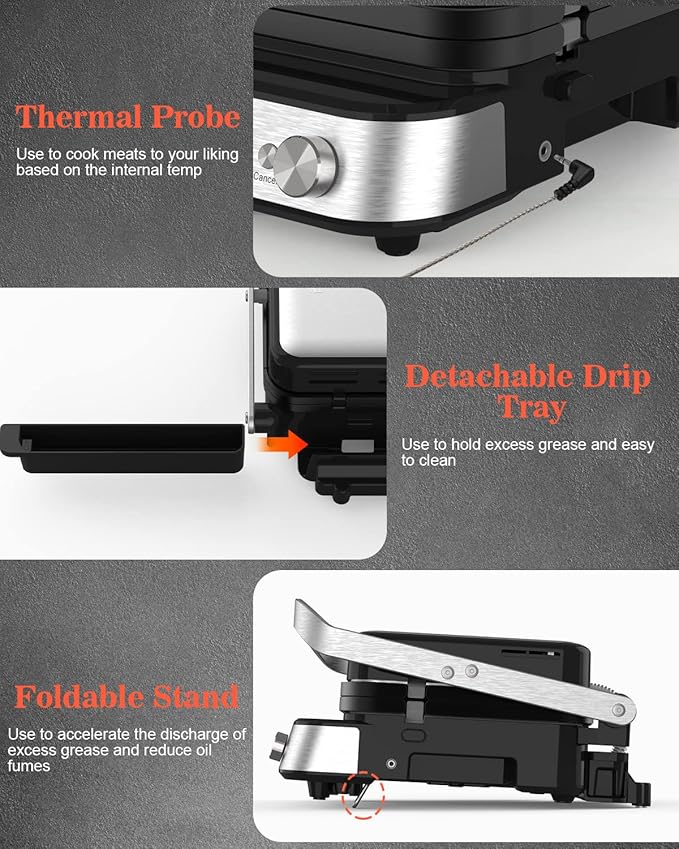 CATTLEMAN Panini Press Grill Sandwich Maker with Removable Plates, 1600W, 6 in 1 Indoor Grill with Meat Thermometer, Electric Contact Grills for Kitchen, Stainless Steel
