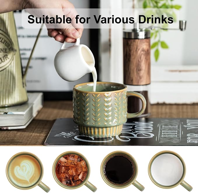 Miamolo Stackable Coffee Mugs Set of 4 with Spoons & Rack, Space-saving | 13oz, Ceramic, Dishwasher Safe, for Espresso Drinks Latte Cappuccino Tea, Turkish Coffee Cup, Housewarming Wedding Gift