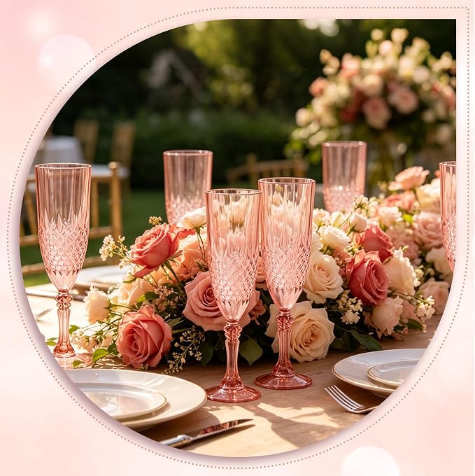 Plastic Champagne Flutes, Champagne Glasses Bulk, Reusable Unbreakable Acrylic Wine Glasses Goblets for Weddings Bachelor Parties Toasting Bridal Shower (24, Rose Gold)