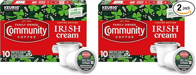 Community Coffee Irish Cream Flavored Coffee Pods, 10 count, Medium Roast Compatible with Keurig 2.0 K-Cup Brewers, 10 Count (Pack of 2)
