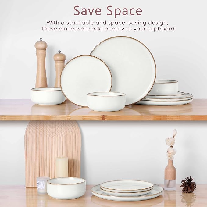 Herogo Plates and Bowls Sets for 4, 12 Pieces Stoneware Dinnerware Sets, Double Reactive Glaze, Microwave & Dishwasher Safe, Scratch Resistant, Ivory White