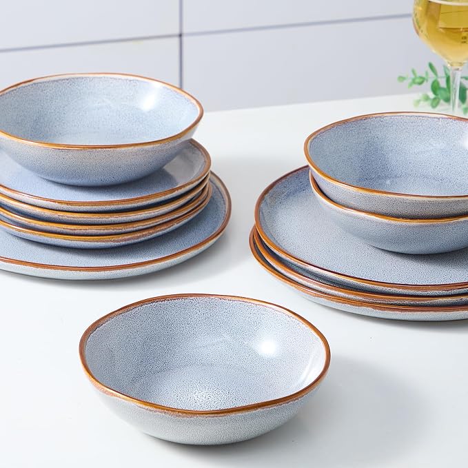 Bestone 12 Pieces Round Kitchen Dinnerware Sets，Plates and Bowls Sets,Dishes, Plates, Bowls, Dish Set, Chip Resistant Ceramic Dinnerware Set, Dishwasher/Microwave Safe,Service for 4,Reactive Blue