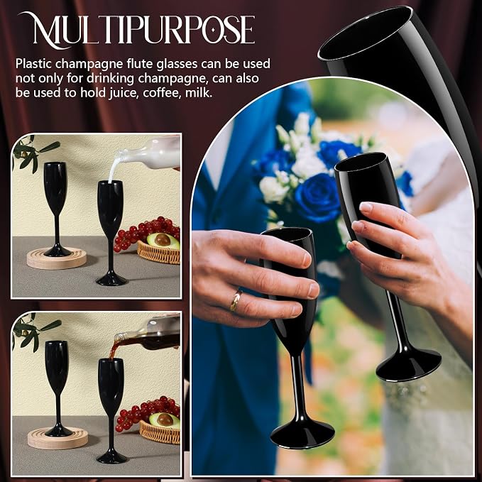 Maxcheck 12 Pcs Champagne Flutes Bulk Acrylic Toasting Drinking Flute Unbreakable Goblet Champagne Cups 6 oz Plastic Wine Glasses for Mother's Day Wedding Bridal Shower Anniversary Party (Black)