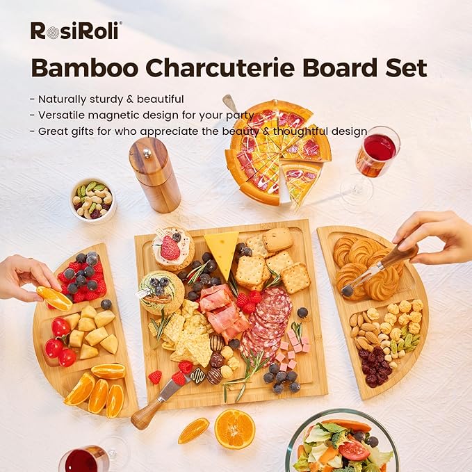 Charcuterie Board and Serving Set -Natural Bamboo Cheese Board Snack Tray Set with Magnetic - House Warming Gifts New Home, Wedding Gift, Bridal Shower Gift, Gifts for Mom & Women