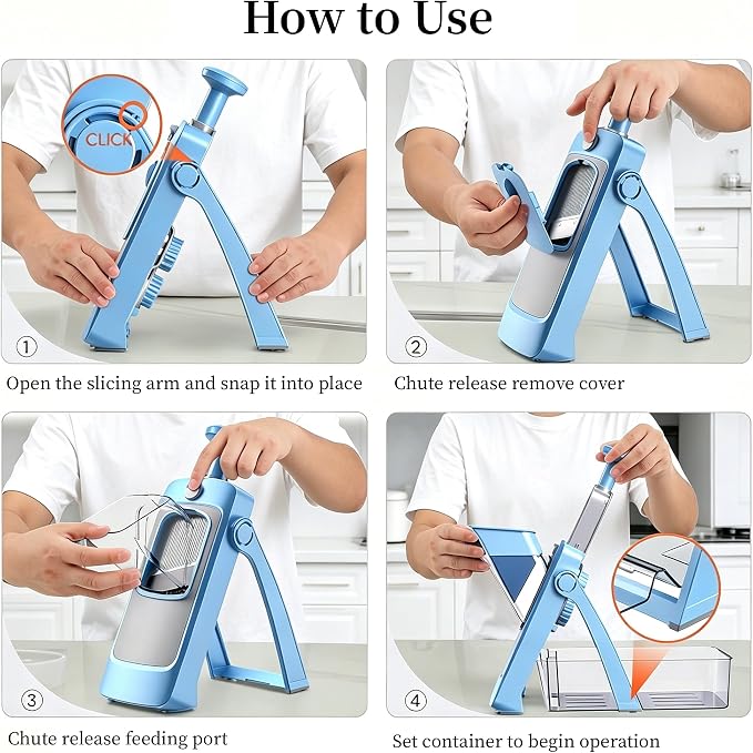 Upgraded Safe Mandoline Slicer for Kitchen, Potato Slicer for Chips, Multi Vegetable Chopper with Drain Basket Storage Container, Thickness Adjustable Versatile Faster Slice Artifact (Blue)