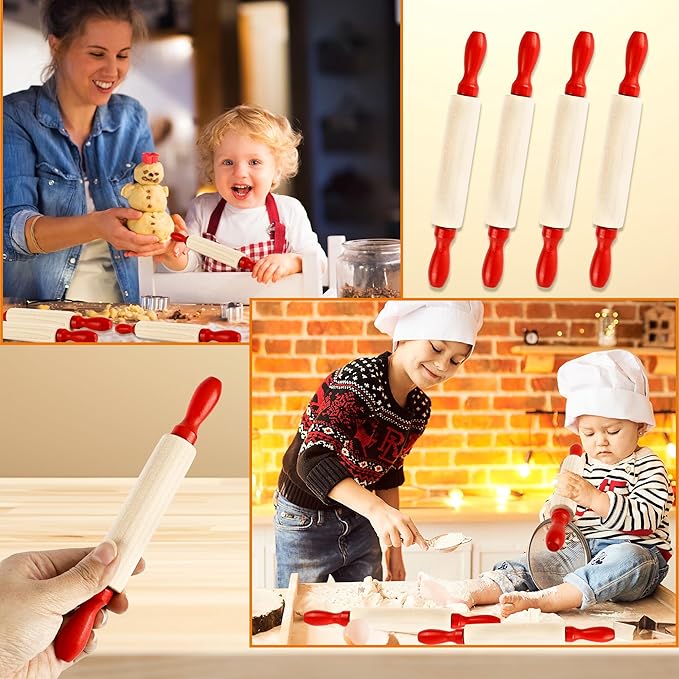 16 Pcs 8 Inch Mini Wooden Rolling Pins Small Wood Rolling Pin Wooden Roller with Red Handle for Kitchen Baking Pastry Cake Cookie Chef Role-playing Game