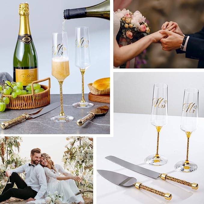 Wedding Cake Knife and Server Set, Champagne Flutes Print Mr and Mrs for Bride and Groom Toasting Glasses Wedding Bridal Shower Gifts