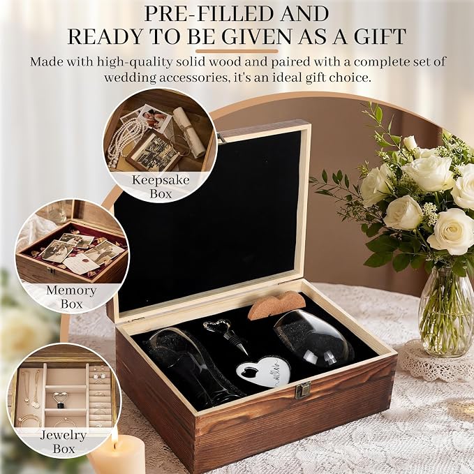 Remerry 7 Pcs Wedding Gifts for Couples 2026 Mr and Mrs Wine Glasses Set with Wooden Keepsake Box Heart Wine Stopper Opener Coasters for Wedding Bridal Shower Engagement Anniversary Bachelorette