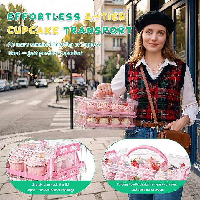 Cupcake Carrier 24 Count, Cupcake Holder With Lid And Handles, 2-Layer Cupcakes Storage Containers, Travel Cupcake Transport Container With Portable Insulated Bag And 200pcs Cupcake Liners (Pink)