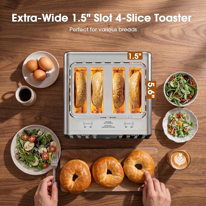 4 Slice Toaster with Dual Touchscreen, 1800W Stainless Steel Dual Zone Independent Control Extra Wide Slot 1.5 Inch, Smart BreadID Timer for Bagel Waffle, Kitchen Essentials