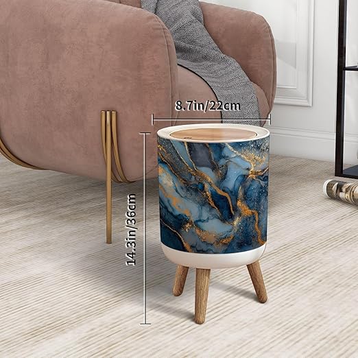 Trash Can with Lid Photo Navy Blue Dark Marble Golden Veins Close up Texture for Press Top Round Small Garbage Bin with Wooden Legs Waste Basket for Kitchen Bedroom Nursery 7L/1.8 Gallon