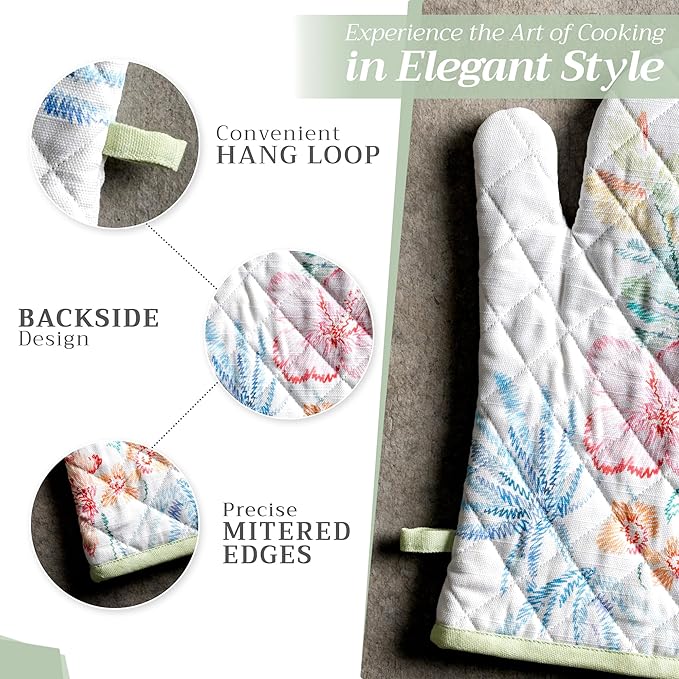 Maison d'Hermine Oven Gloves 100% Cotton Oven Mitt 7" x 13" with Loop Heat Resistant BBQ Cooking Gloves Baking Grilling Gifts for Mothers Day Spring/Summer (Pack of 1, Paradise Island)