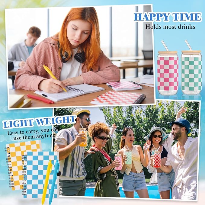 Skylety 12 Set Back to School Gingham Cup Bulk Teachers Appreciation Gifts 16 oz Pastel Checkered Glass Cups with Lids Straws Spiral Notebooks Pens for Silly Goose Birthday Classroom Student Supplies