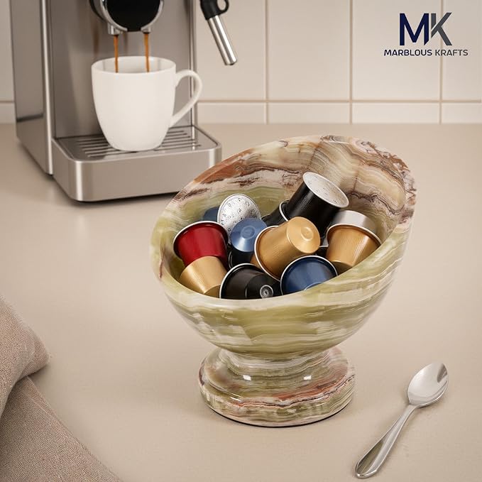 Marblous Krafts Green Onyx Marble Espresso Accessories Bowl 7 Inch Handmade Stone Coffee Pod Holder for Counter, Espresso Pods & K Cup Storage Organizer, Coffee Bar Decor