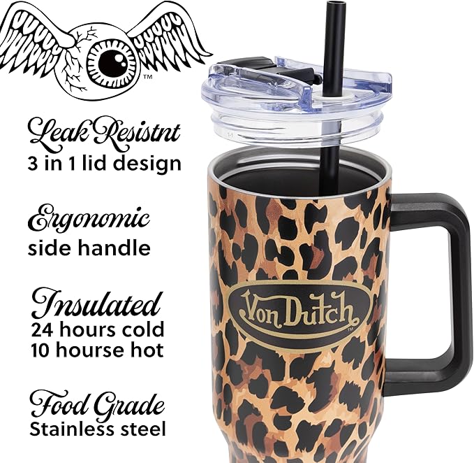 Von Dutch Leopard 40oz Double Walled Insulated Food Grade Stainless Steel Tumbler, BPA Free - 24 Hours Cold / 10 Hours Hot